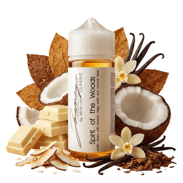 Vape juice bottle labeled Spirit of the Woods, surrounded by coconut halves, vanilla flowers, and chocolate pieces.