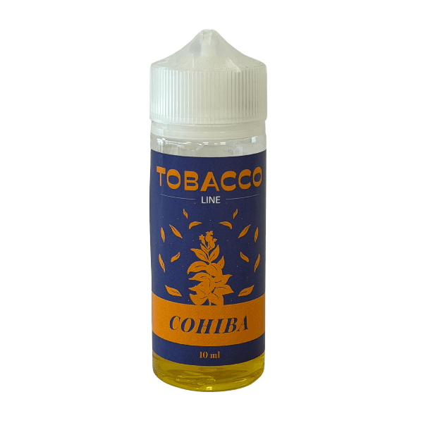 Blue e-liquid bottle labeled TOBACCO LINE COHIBA, 10 ml, with a white caps and yellow liquid visible at the base