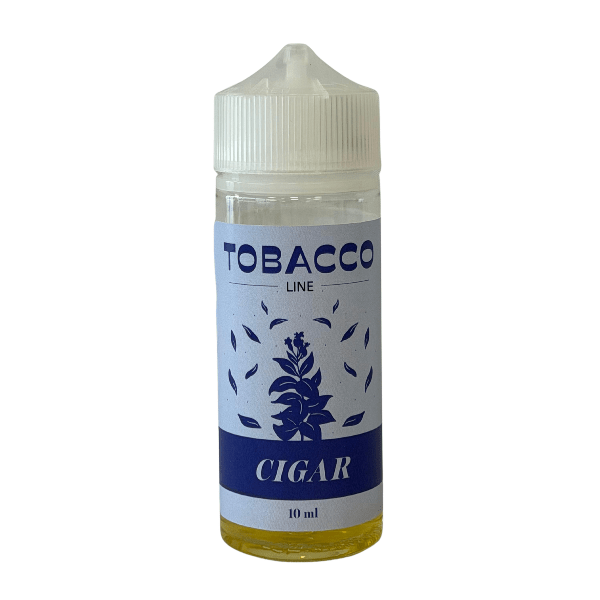 E-liquid bottle labeled Tobacco Line Cigar, 10 ml, with a white cap and blue-and-white label.