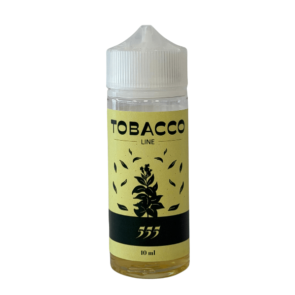 Bottle of TOBACCO LINE 555 e-liquid, 10 ml, with a yellow label and plant graphic under a white cap (informational product image).