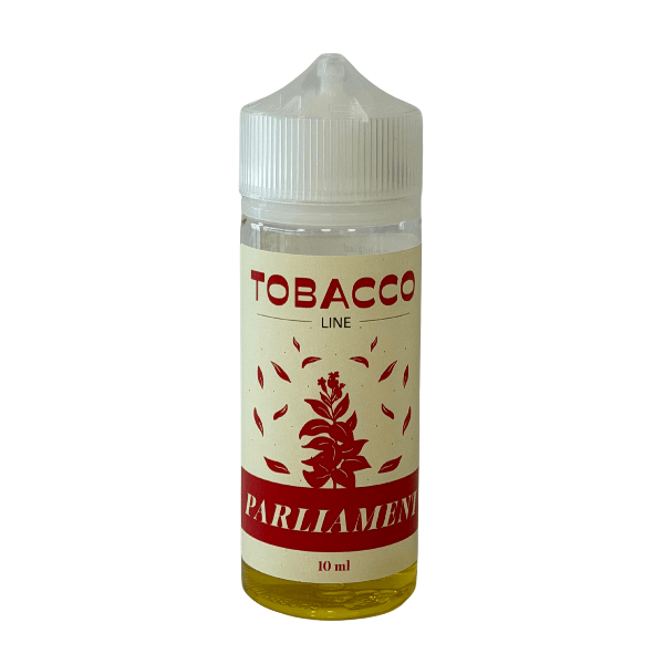 Clear plastic e-liquid bottle with a white child-resistant cap; label reads 'TOBACCO LINE PARLIAMENT' and indicates 10 ml capacity, with a red graphic design on cream background.