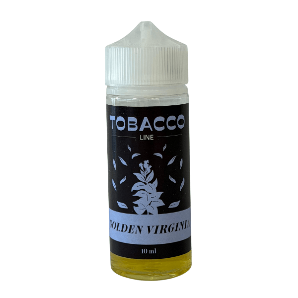 10 ml bottle of Golden Virgin e-liquid from the Tobacco Line, with a white cap and yellow liquid visible at the bottom.