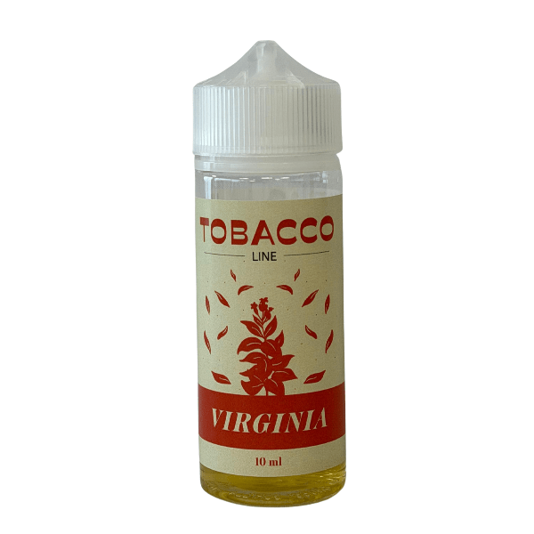 Clear vape bottle with a white child-resistant cap containing Virginia-flavored e-liquid; label shows TOBACCO LINE and VIRGINIA (10 ml).