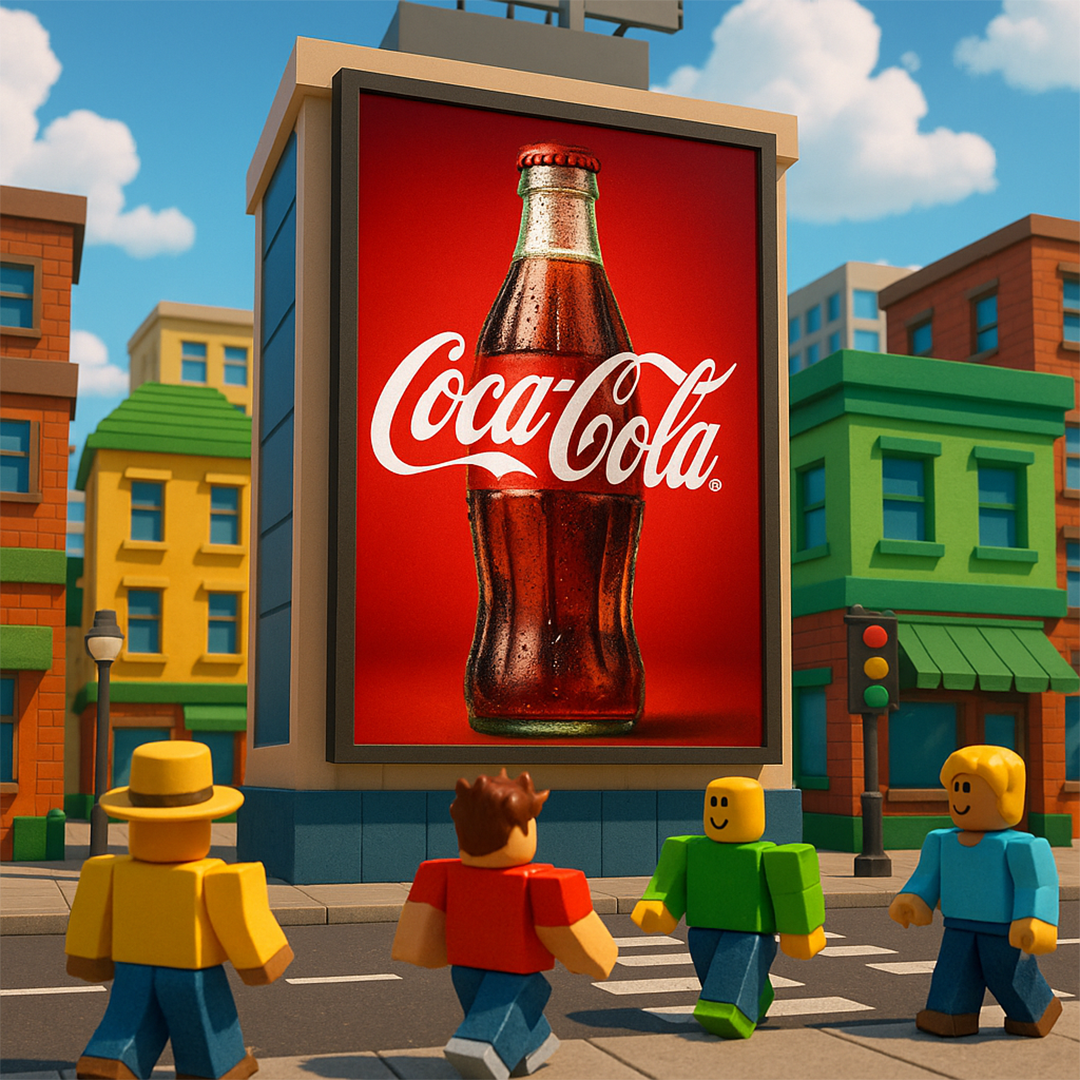 Roblox-style characters walking toward a large outdoor Coca-Cola billboard in a colorful city environment.