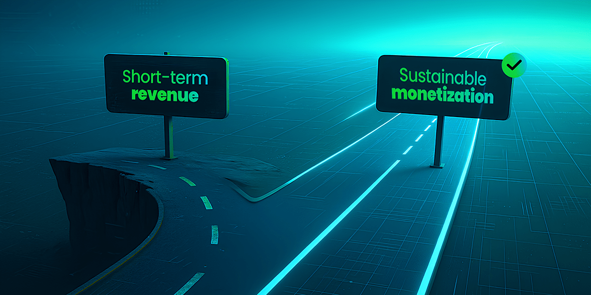 Two diverging digital roads representing short term revenue on a broken path and sustainable monetization on a stable illuminated path.