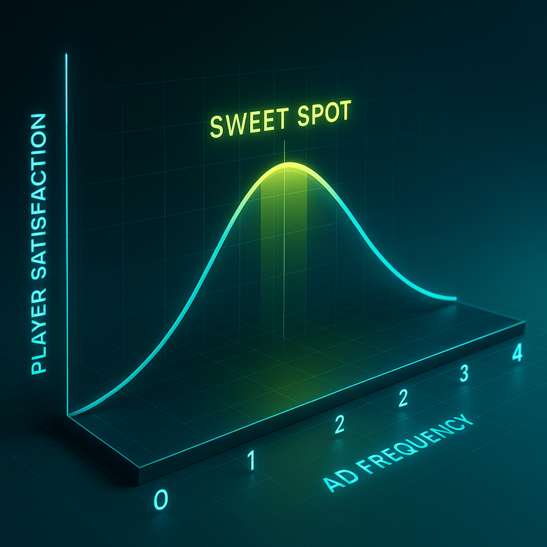 3D graph illustrating the sweet spot between ad frequency and player satisfaction.