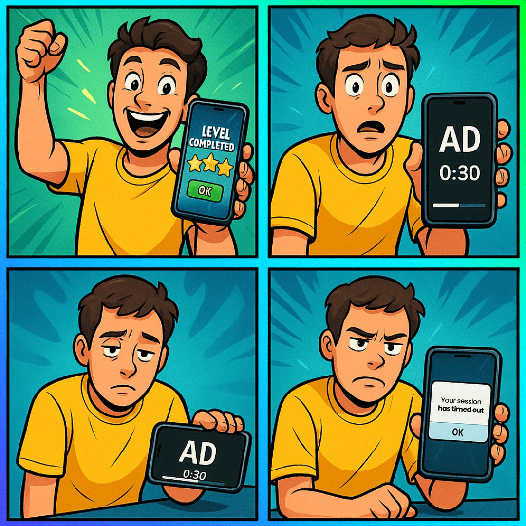 A four-panel cartoon showing a mobile gamer becoming frustrated as repeated ads interrupt gameplay, ending with a session timeout screen.