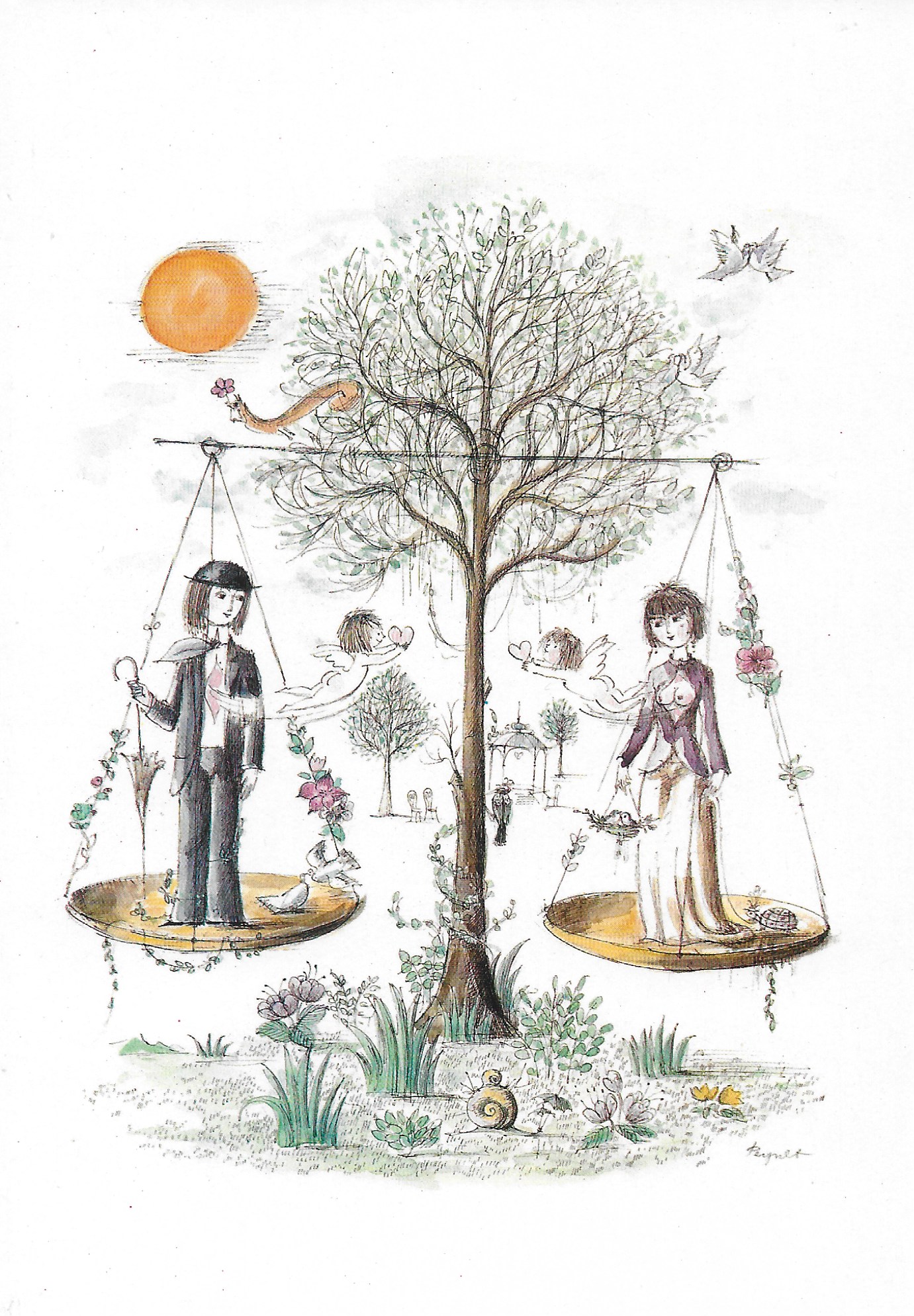 Carte postale signe astrologique Balance vintage – illustration Peynet