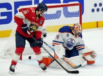 Stanley Cup Oilers Panthers Hockey Florida Panthers forward Carter Verhaeghe (23) scores on Edmonton Oilers goaltender Stuart Skinner (74) during the first period of Game 7 of the NHL hockey Stanley Cup Final on Monday, June 24, 2024, in Sunrise, FL. Courtesy: Nathan Denette/The Canadian Press via AP