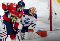 Stanley Cup Oilers Panthers Hockey Florida Panthers forward Carter Verhaeghe (23) watches the puck hit the back of the net behind Edmonton Oilers goaltender Stuart Skinner, right, during the second period of Game 7 of the NHL hockey Stanley Cup Final in Sunrise, FL, Monday, June 24, 2024. Courtesy: Nathan Denette/The Canadian Press via AP
