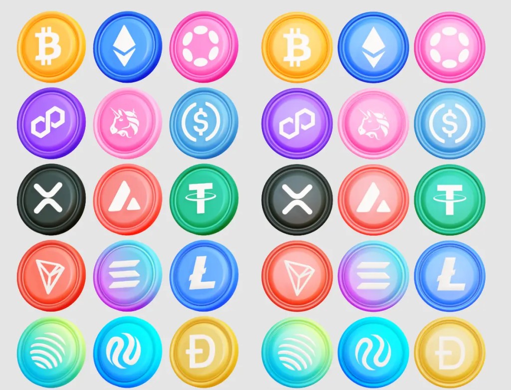 3D Crypto Coin Icons in 2 Camera Angles