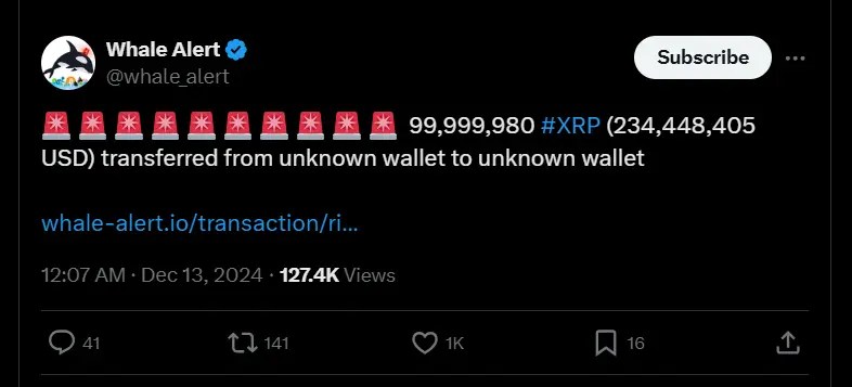 Almost 300 Million XRP in 24 Hours, Is this a Sign? 1 xrp transfer whale alert
