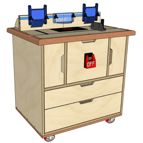 Amazing woodworking plans to build A mobile router table with a wooden top, two drawers, and four wheels. The table has a router mounted on the top. The table is labeled "3B Woodworking".