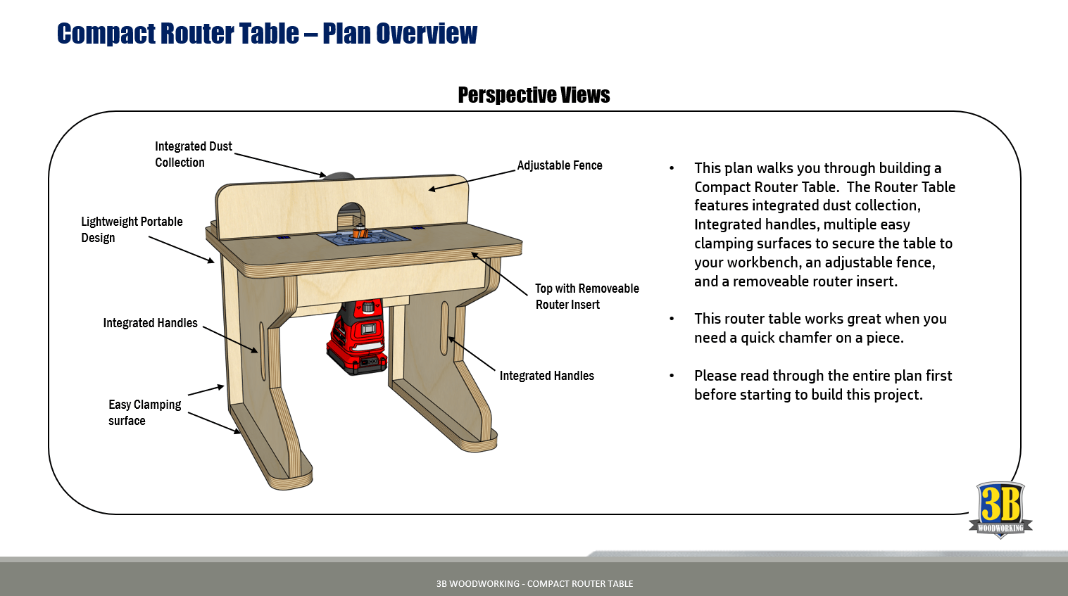 Woodworking plans from 3B Woodworking to build a compact router table. This Router Table is made of wood, and feature a simple way to turn your palm router into a router table. These build plans also includes DXF and SVG files for use with CNC machines.