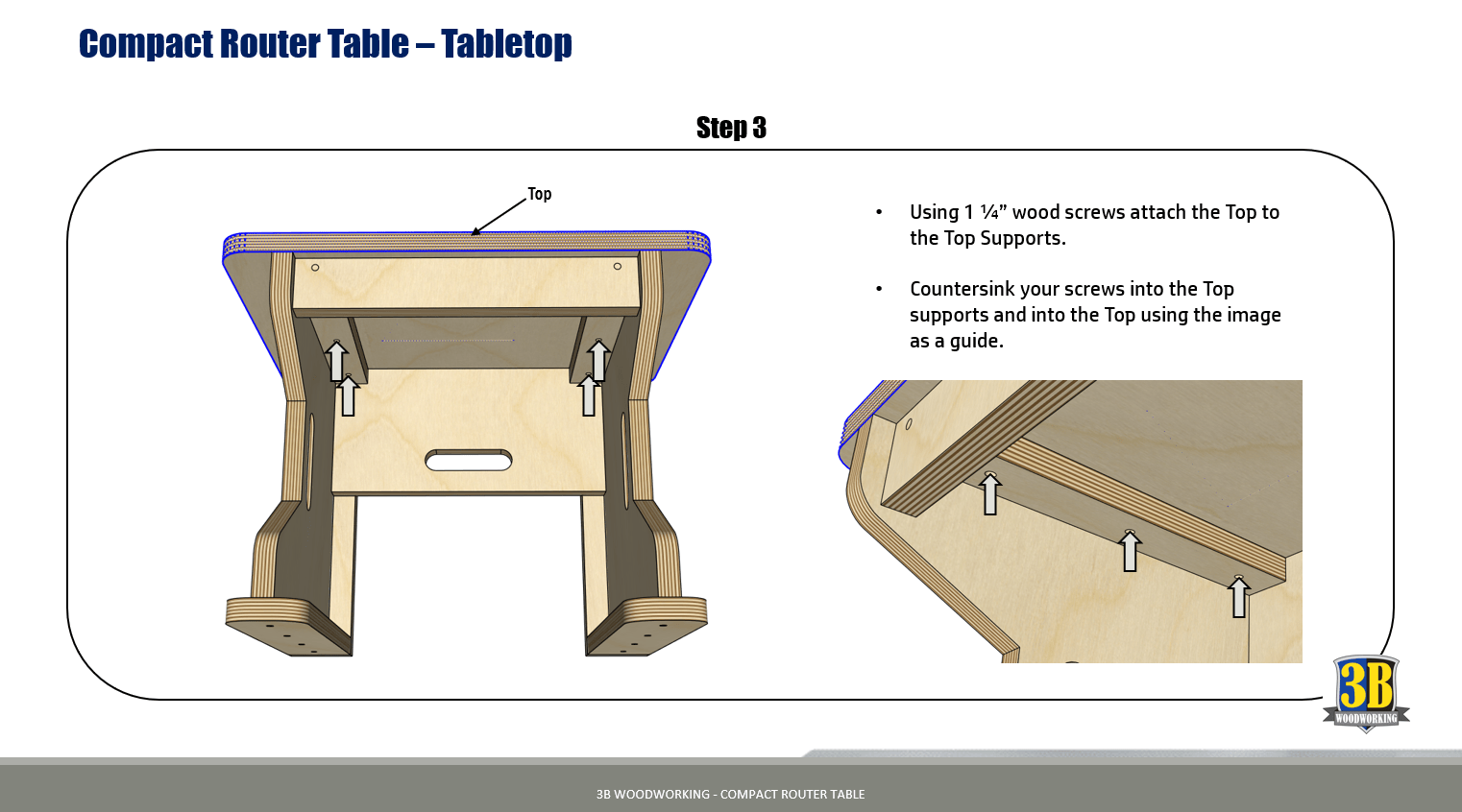 Woodworking plans from 3B Woodworking to build a compact router table. This Router Table is made of wood, and feature a simple way to turn your palm router into a router table. These build plans also includes DXF and SVG files for use with CNC machines.