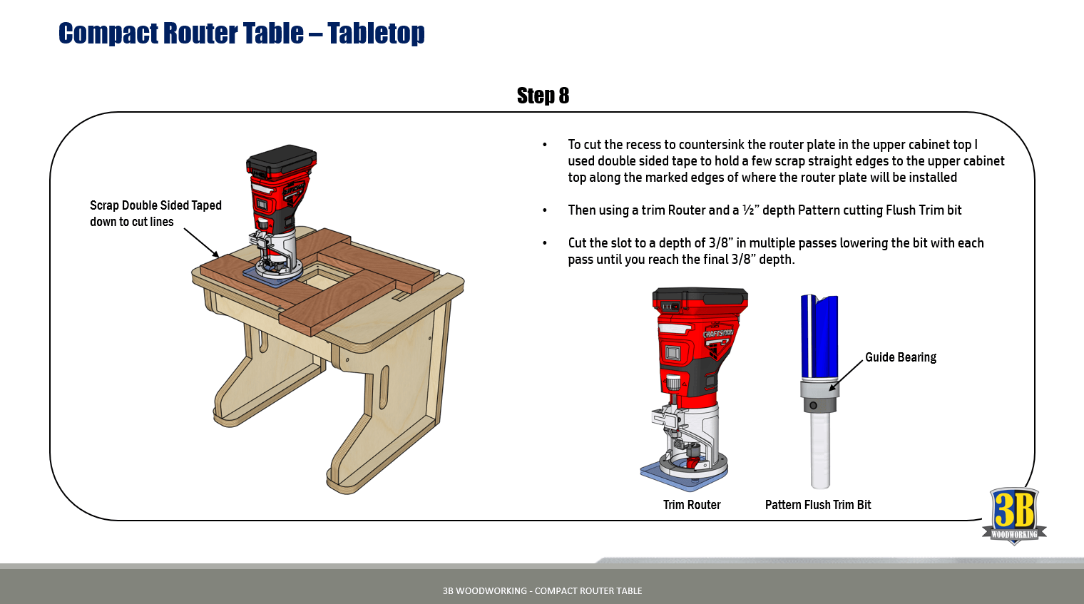 Woodworking plans from 3B Woodworking to build a compact router table. This Router Table is made of wood, and feature a simple way to turn your palm router into a router table. These build plans also includes DXF and SVG files for use with CNC machines.