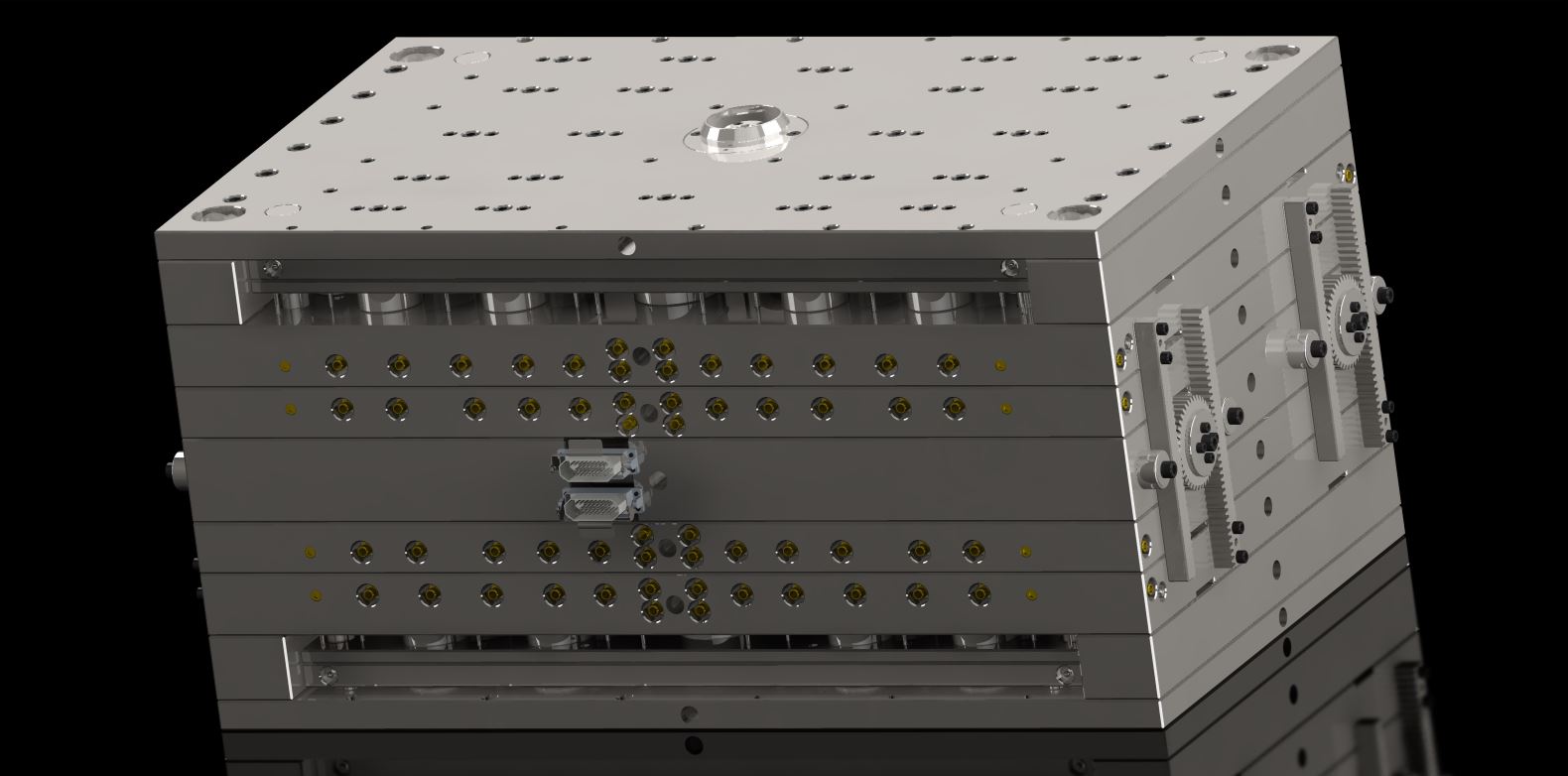 Stack Mold Design - 16 cavities, 2 parting lines with Custom Hot Runner System