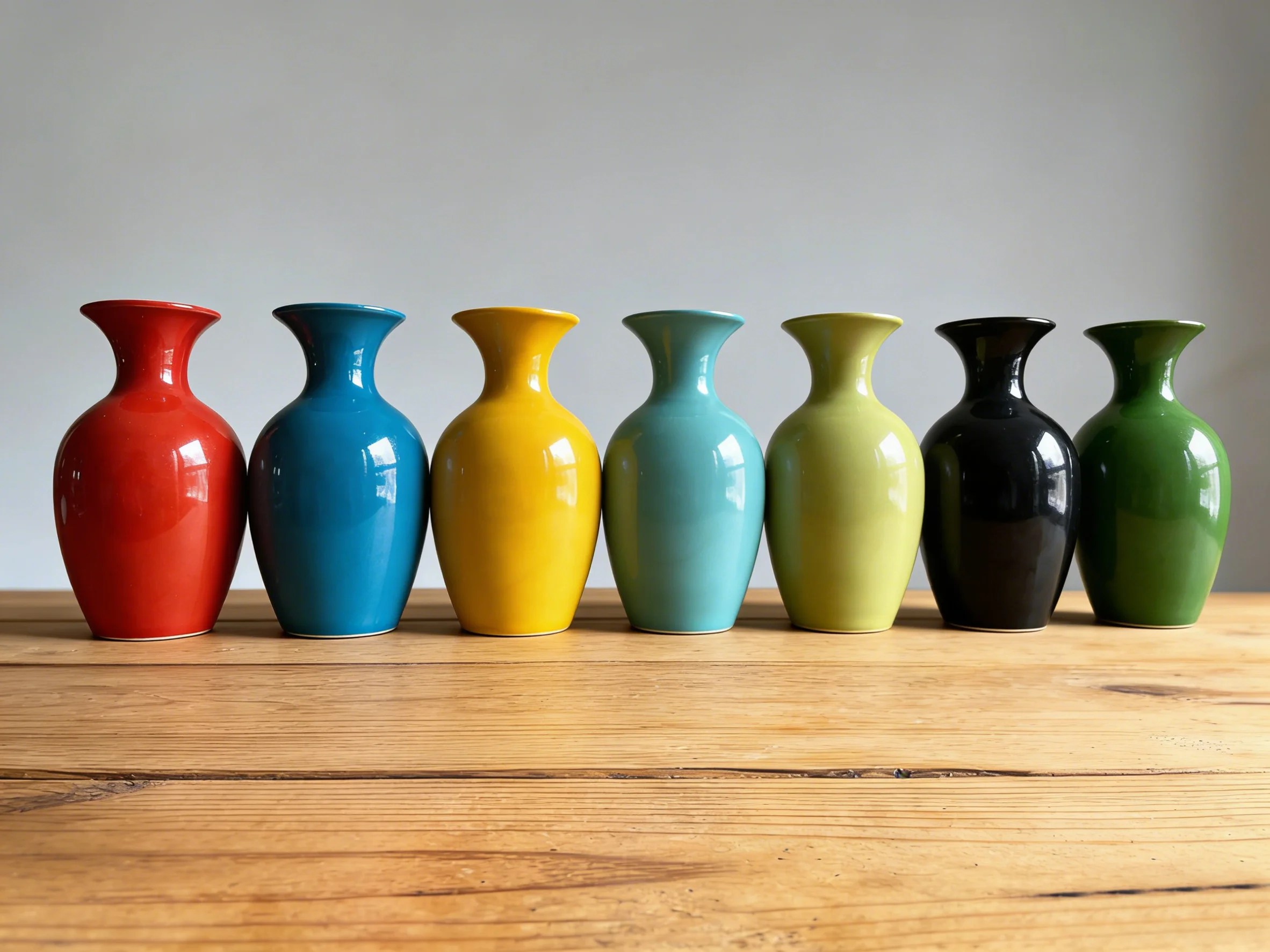 This image showcases the importance of flower vase color by displaying a curated row of vases in solid, distinct hues, illustrating how color choice transforms a simple vessel into a powerful design statement.