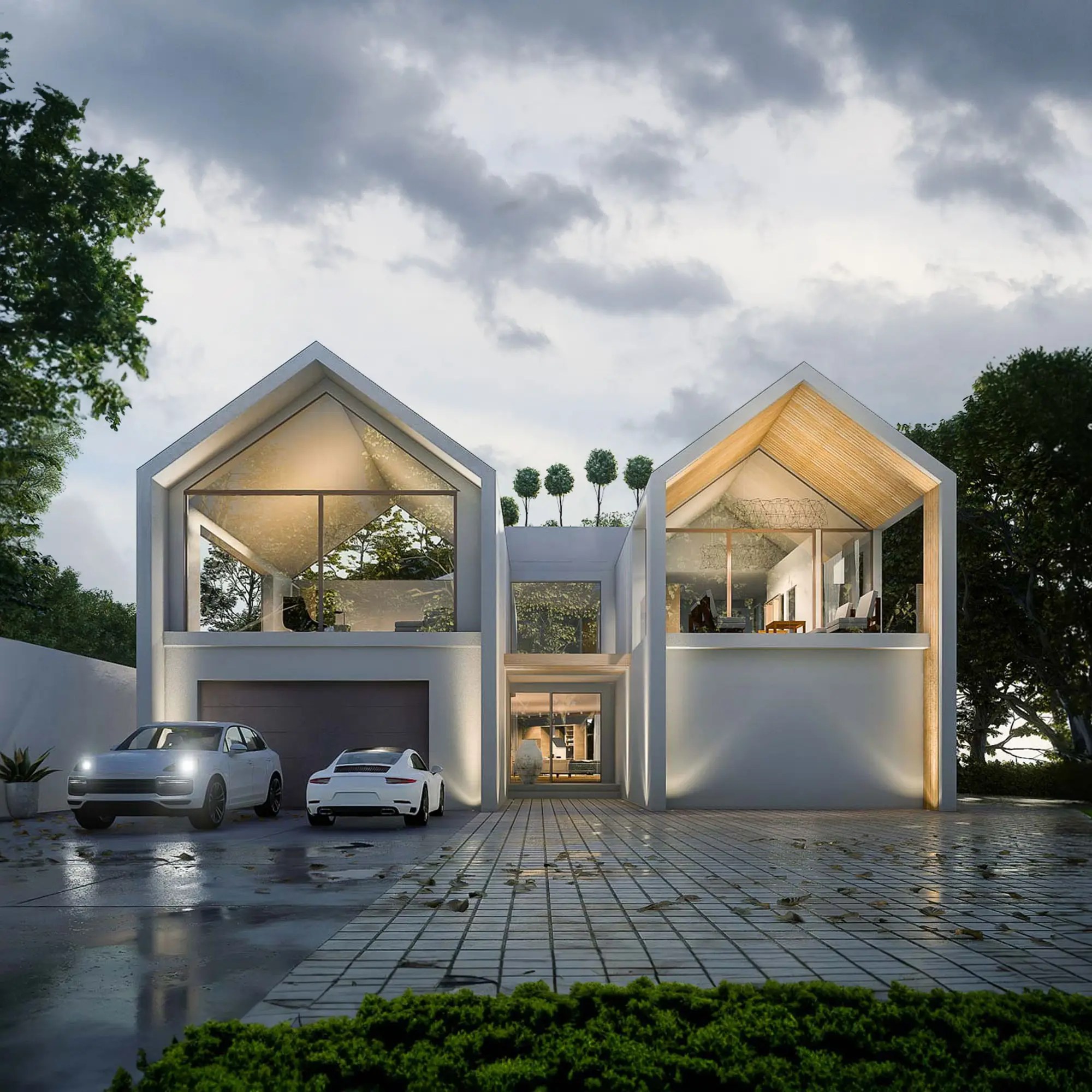 modern house in twilight time 3d rendering