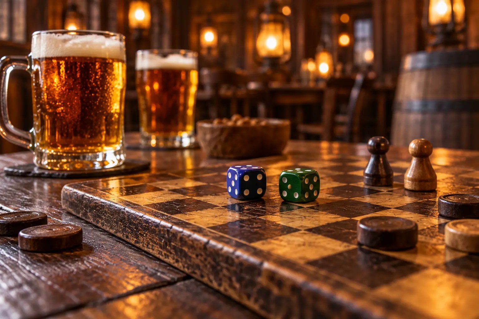 Dice and board games on a rustic pub table