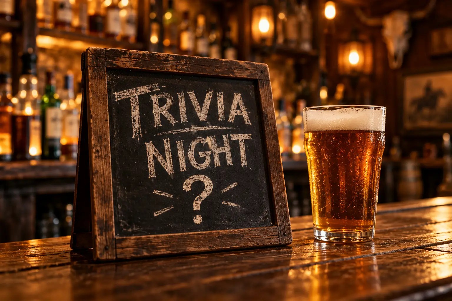 Trivia Night chalkboard and amber beer on a warmly lit wooden bar