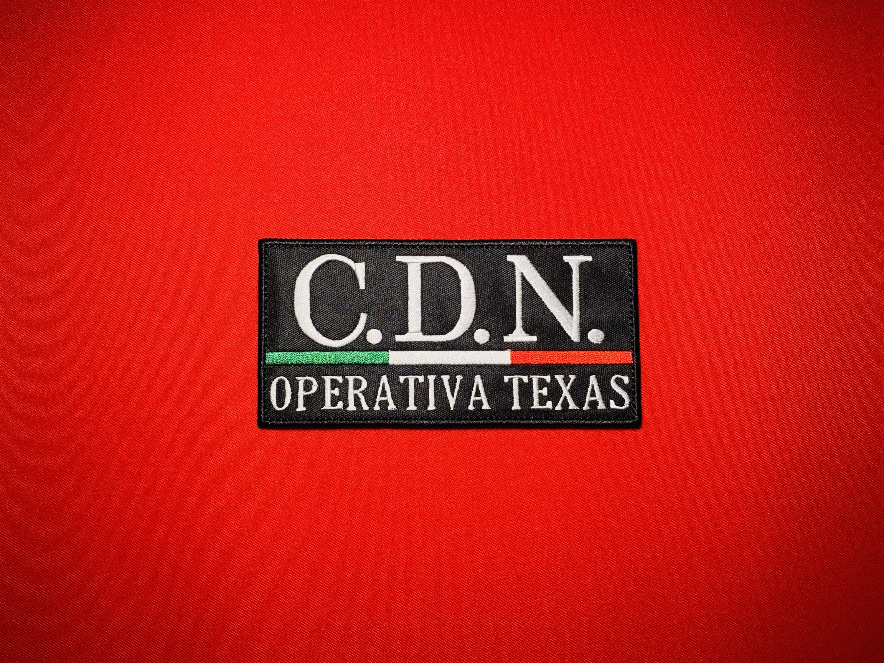 Cártel del Noreste CDN Operativa Texas 3 x 6 inch embroidered cartel patch with Mexican flag stripe on red background.