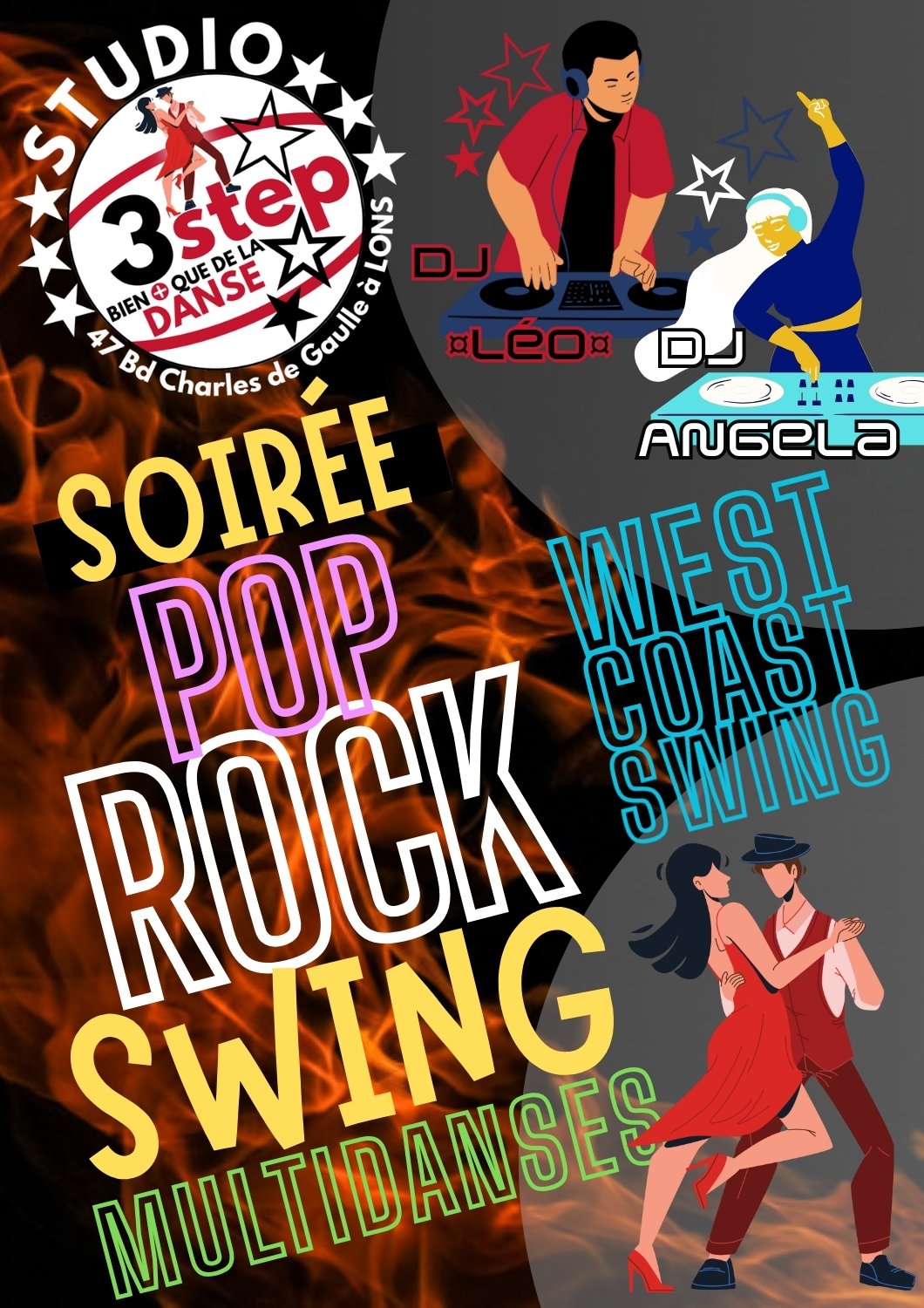 Affiche Soirée Pop Rock Swing MultiDanses et West Coast Swing avec DJ Léo et DJ Angela au Studio 3step à Lons près de Pau