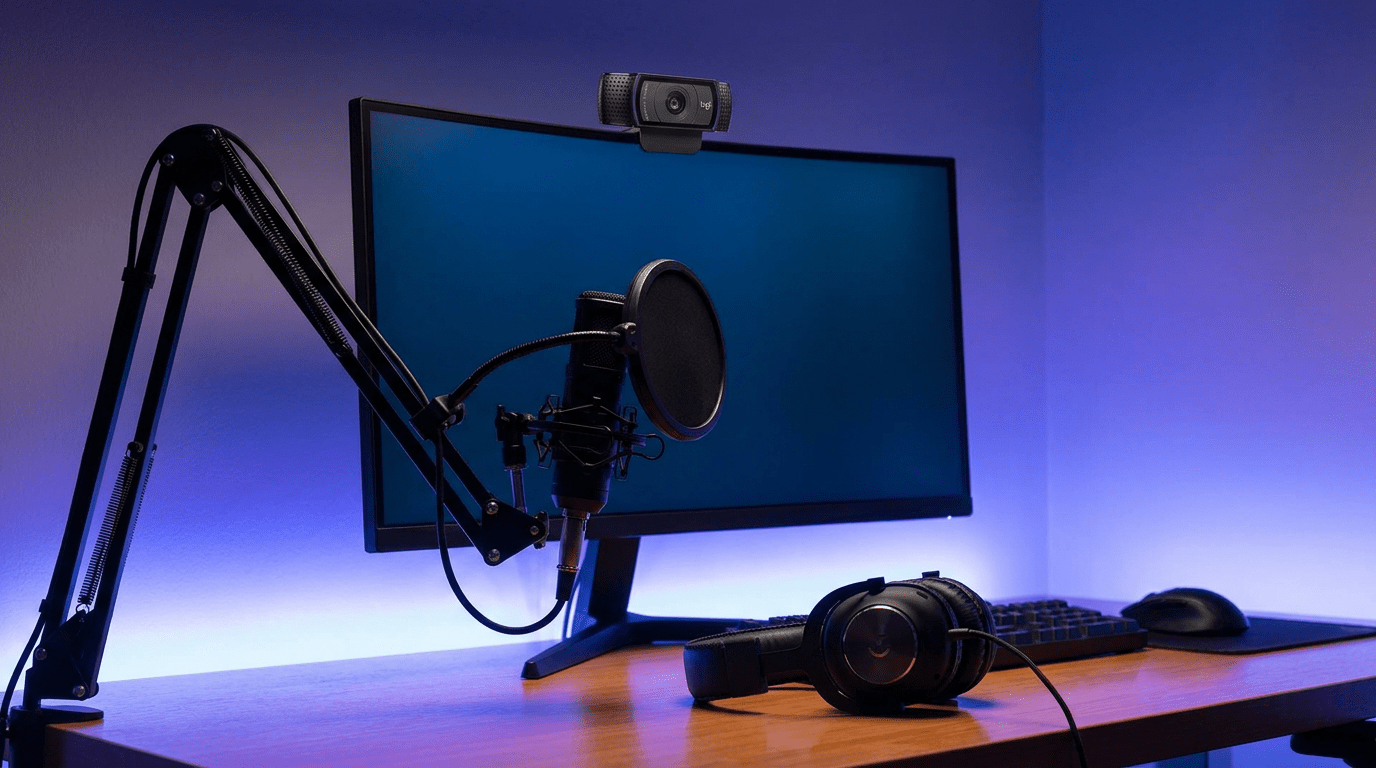 webcam for streaming - USB webcam clipped to a monitor on a streaming desk