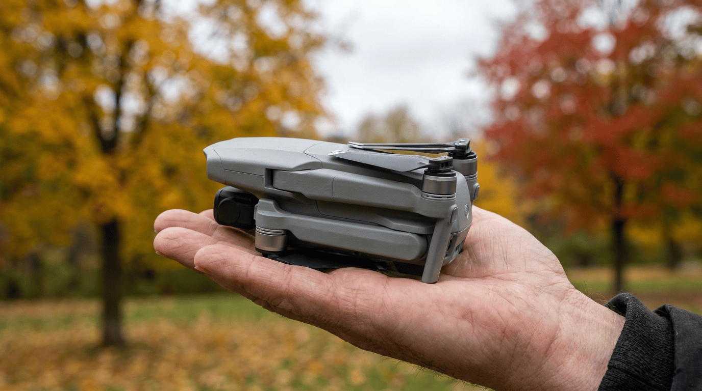mini drone folded in an open hand in an autumn park