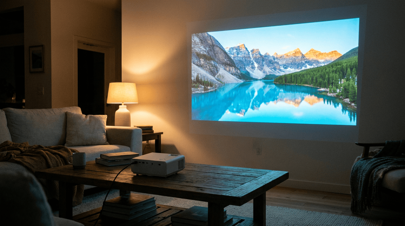 mini projector on a coffee table projecting a bright landscape onto a living room wall