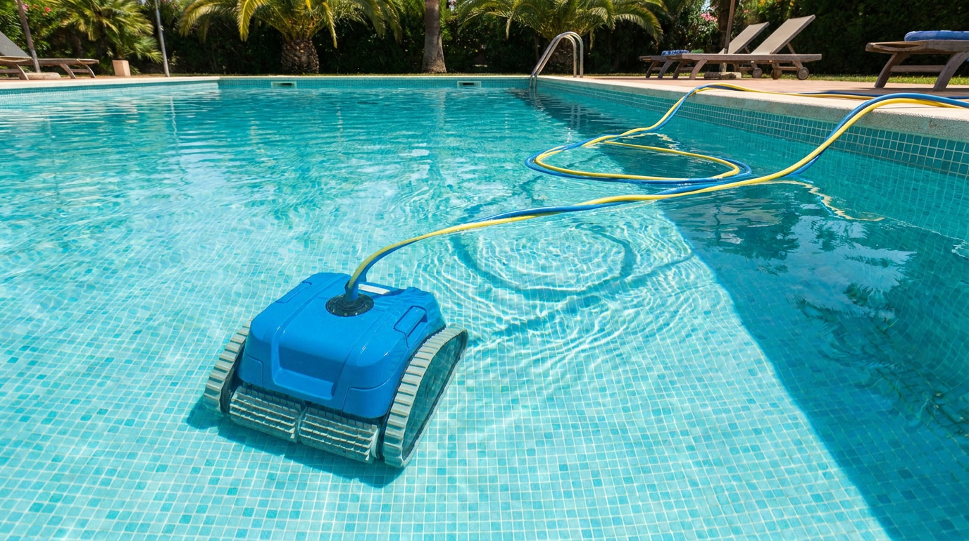 pool vacuum robot on the tiled floor of an in-ground pool with its floating cable