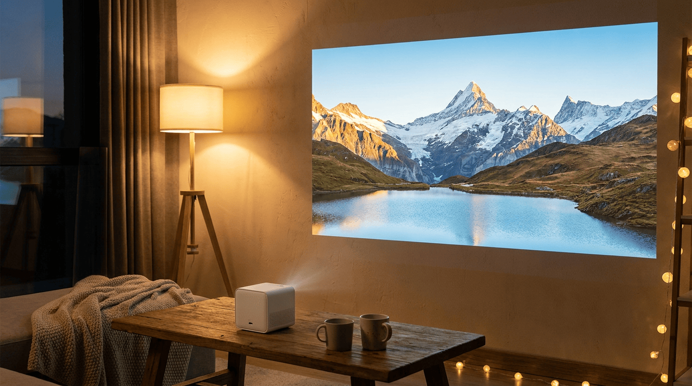 short throw projector on a coffee table casting a large image onto a living room wall from about one metre away