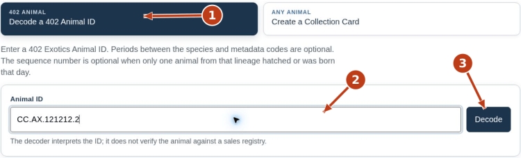 Decode a 402 Exotics animal ID: screenshot 1 with numbered arrows matching the steps below.