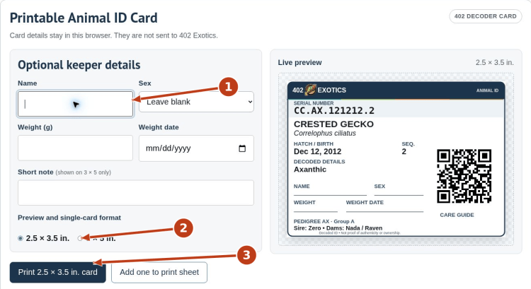 Print a card for a decoded animal: screenshot 7 with numbered arrows matching the steps below.