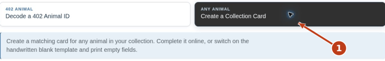 Create a keeper card for any animal: screenshot 8 with numbered arrows matching the steps below.