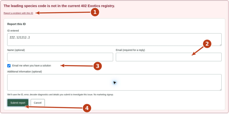 Get help when an ID does not decode: screenshot 13 with numbered arrows matching the steps below.