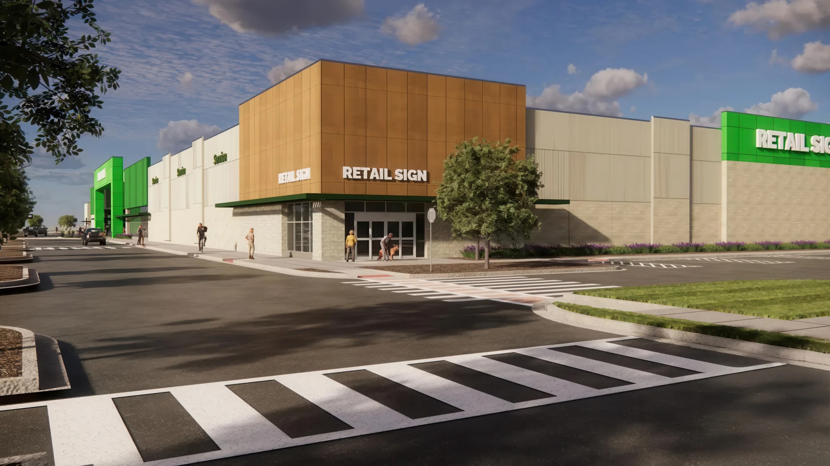 Amazon large format store near Chicago rendering featuring expansive storefront signage and big box retail design