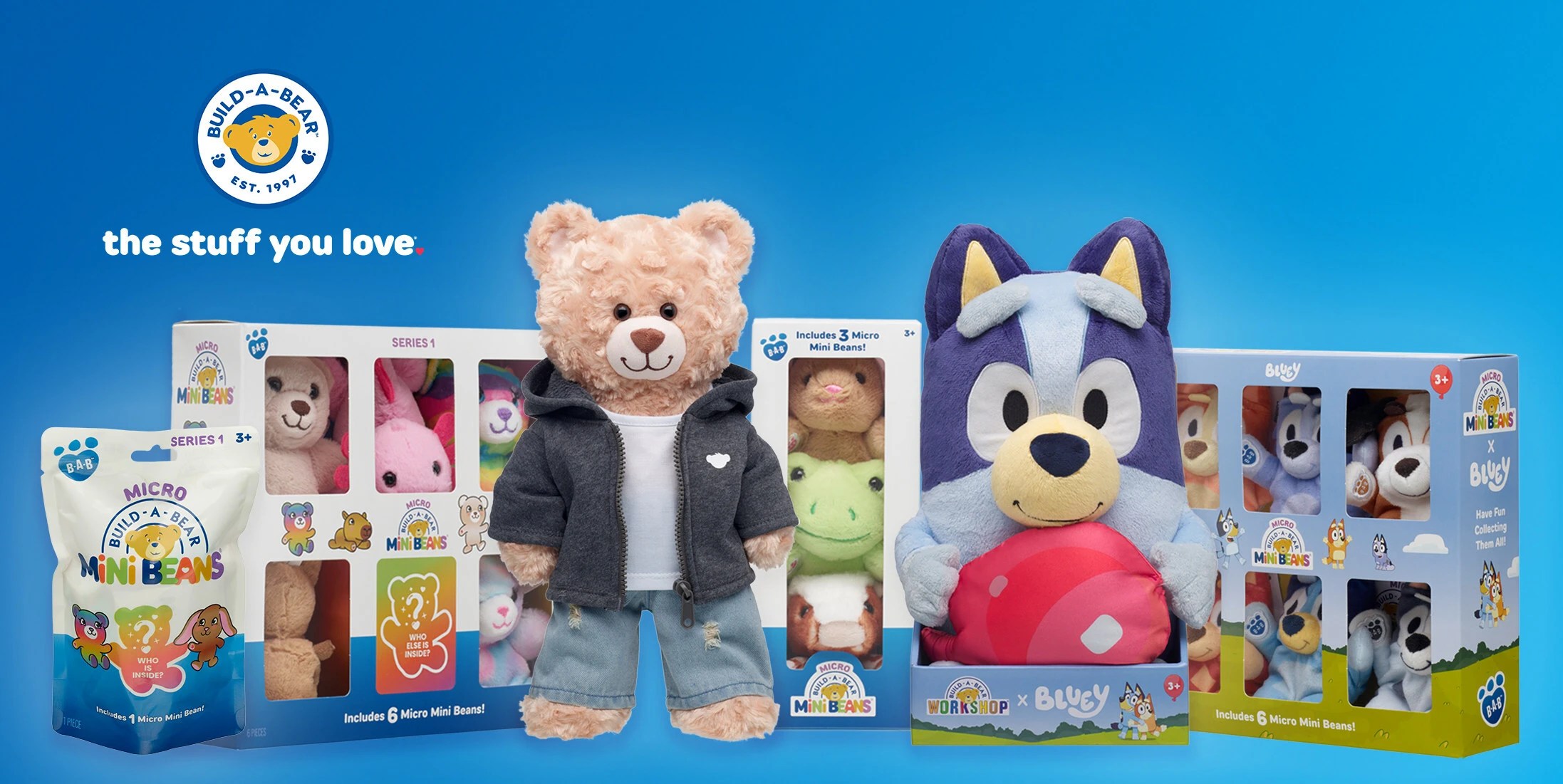 Build-A-Bear products at Walmart including Mini Beans, Micro Mini Beans and Bluey plush toys