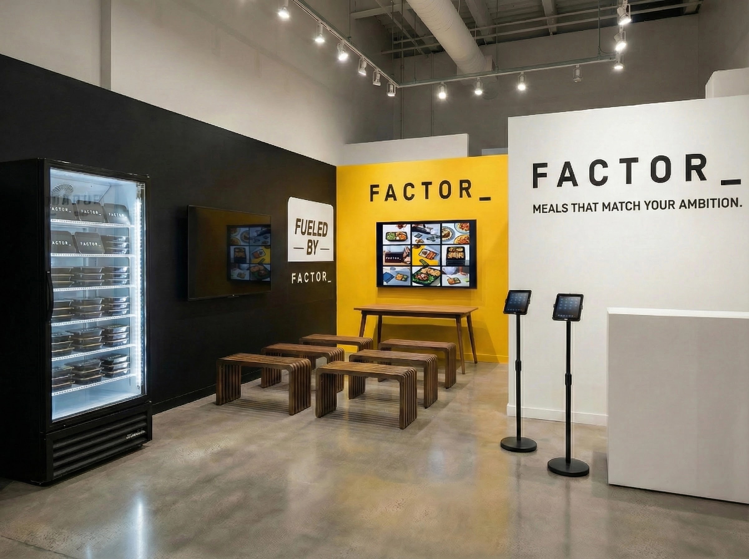 Factor Protein Power Up Shops promotional graphic showing branded signage and retail activation visuals
