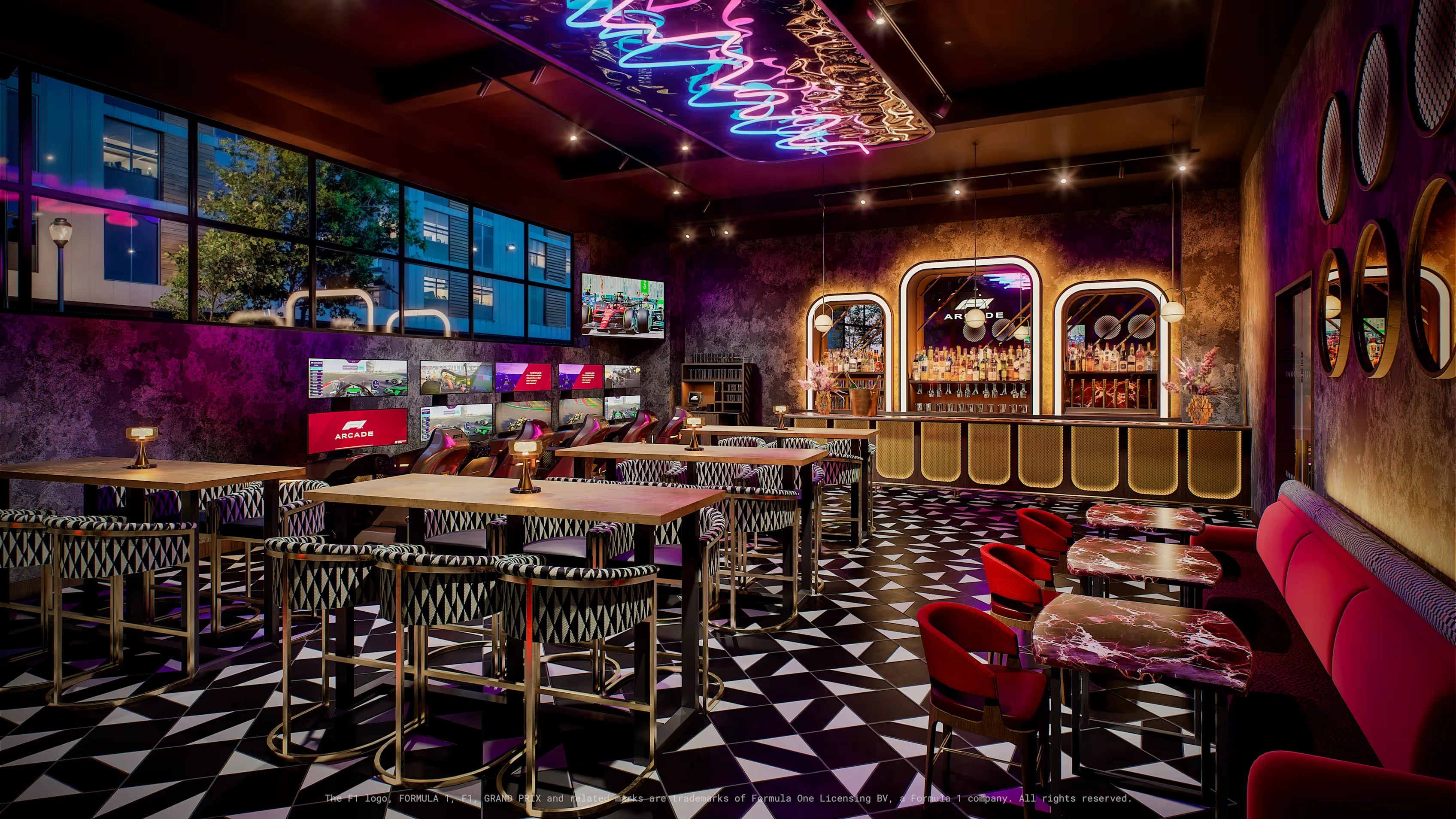 Formula 1 Arcade venue in Atlanta featuring immersive racing simulators, LED lighting, and branded signage throughout interior space
