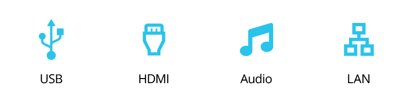 Video icons showing USB, HDMI, audio and LAN