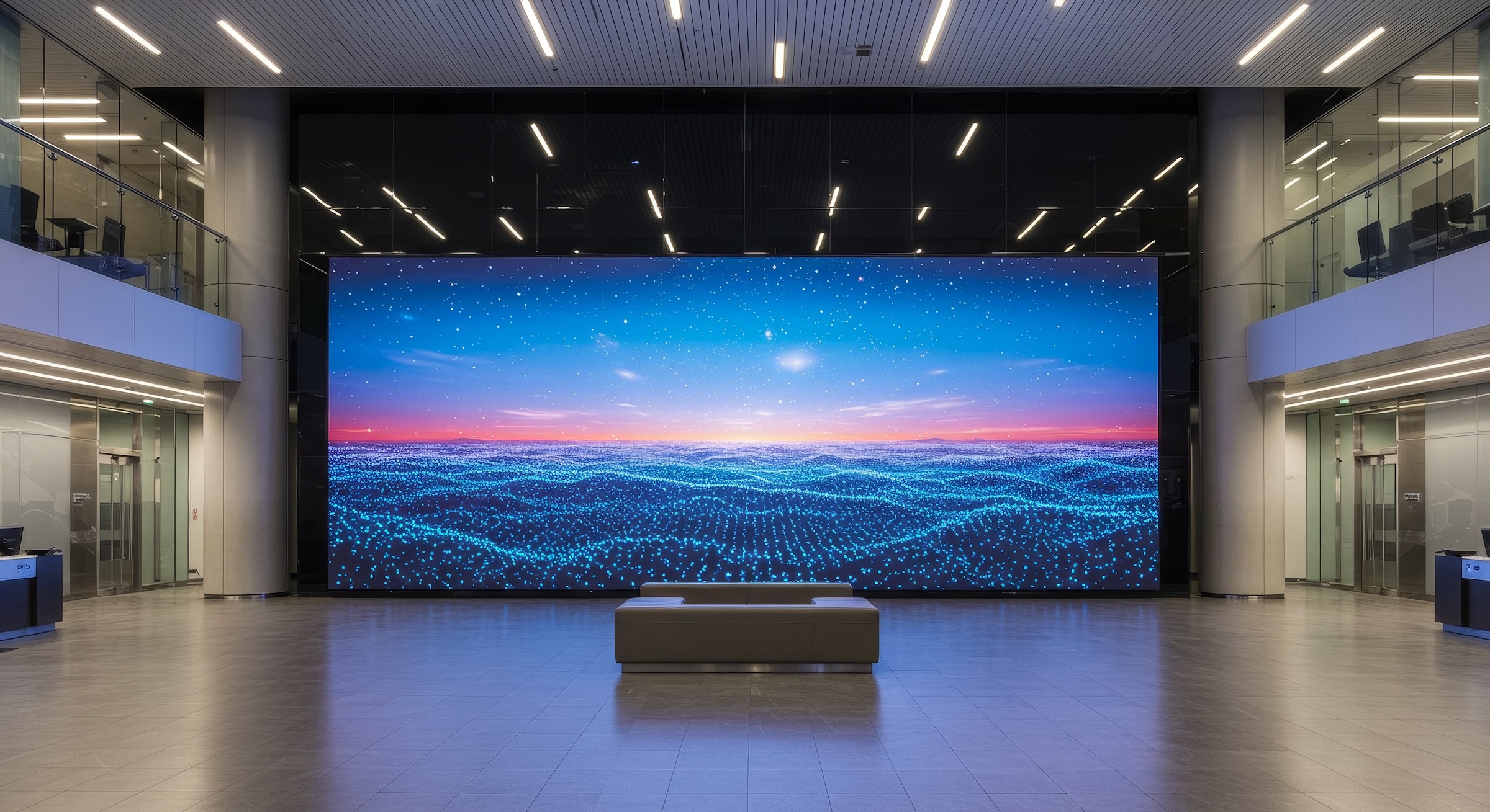 Large video wall display mounted in concourse area for high impact signage and digital engagement