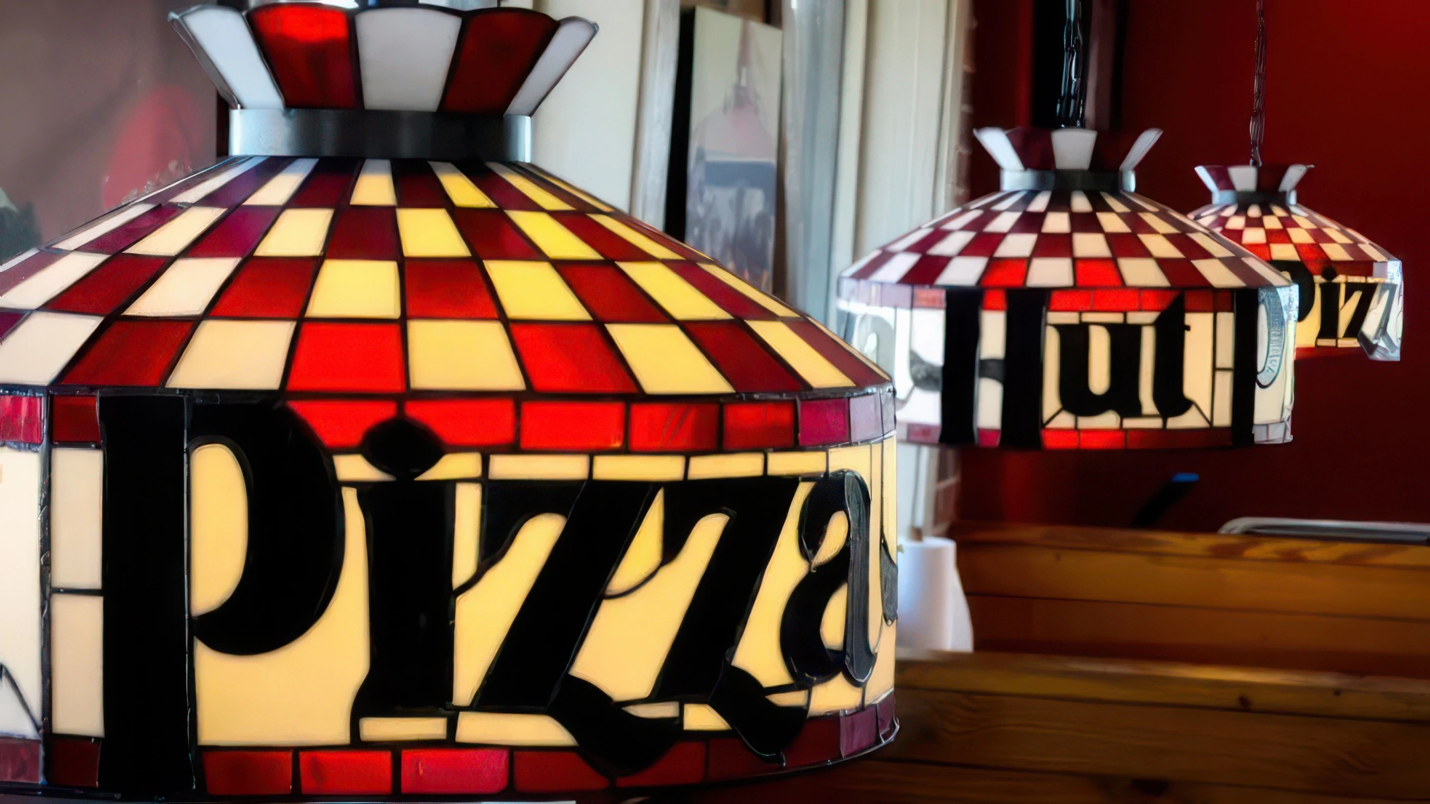 Classic Pizza Hut Tiffany style stained glass lamps hanging inside a retro dining room location
