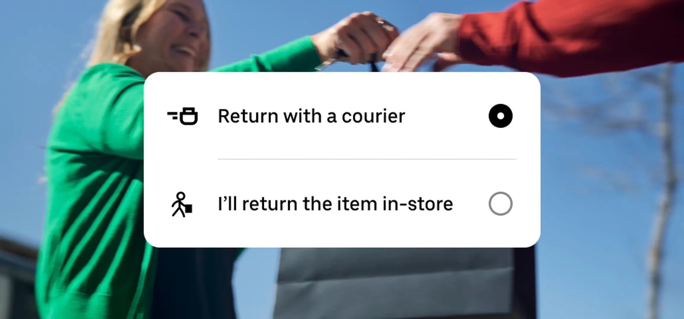 Uber Eats app screen showing return options including return with a courier or return the item in-store