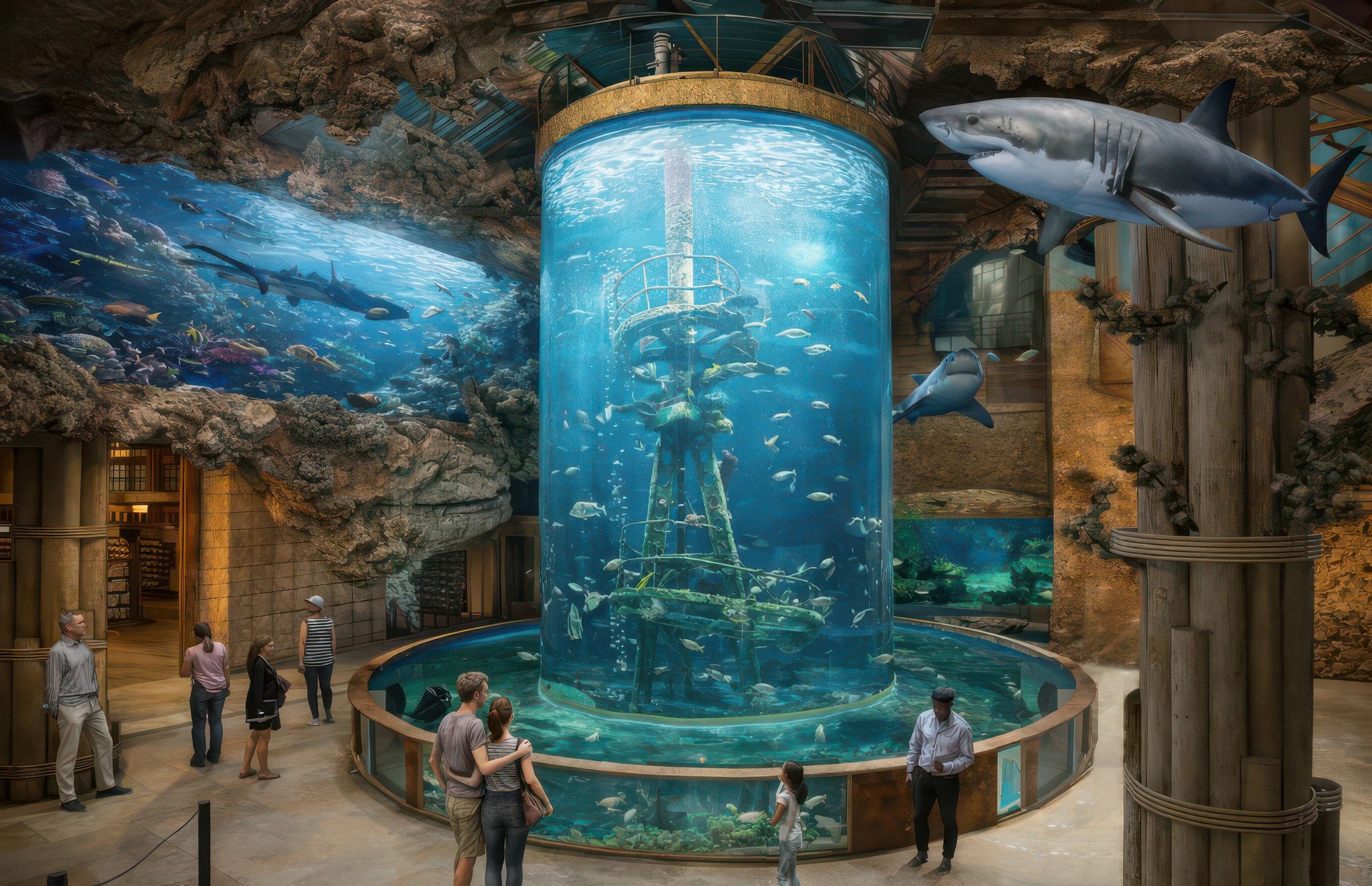 Rendering of the Bass Pro Shops Sayreville Outdoor World Shipwreck Aquarium with a large cylindrical tank full of fish and shoppers viewing it from below