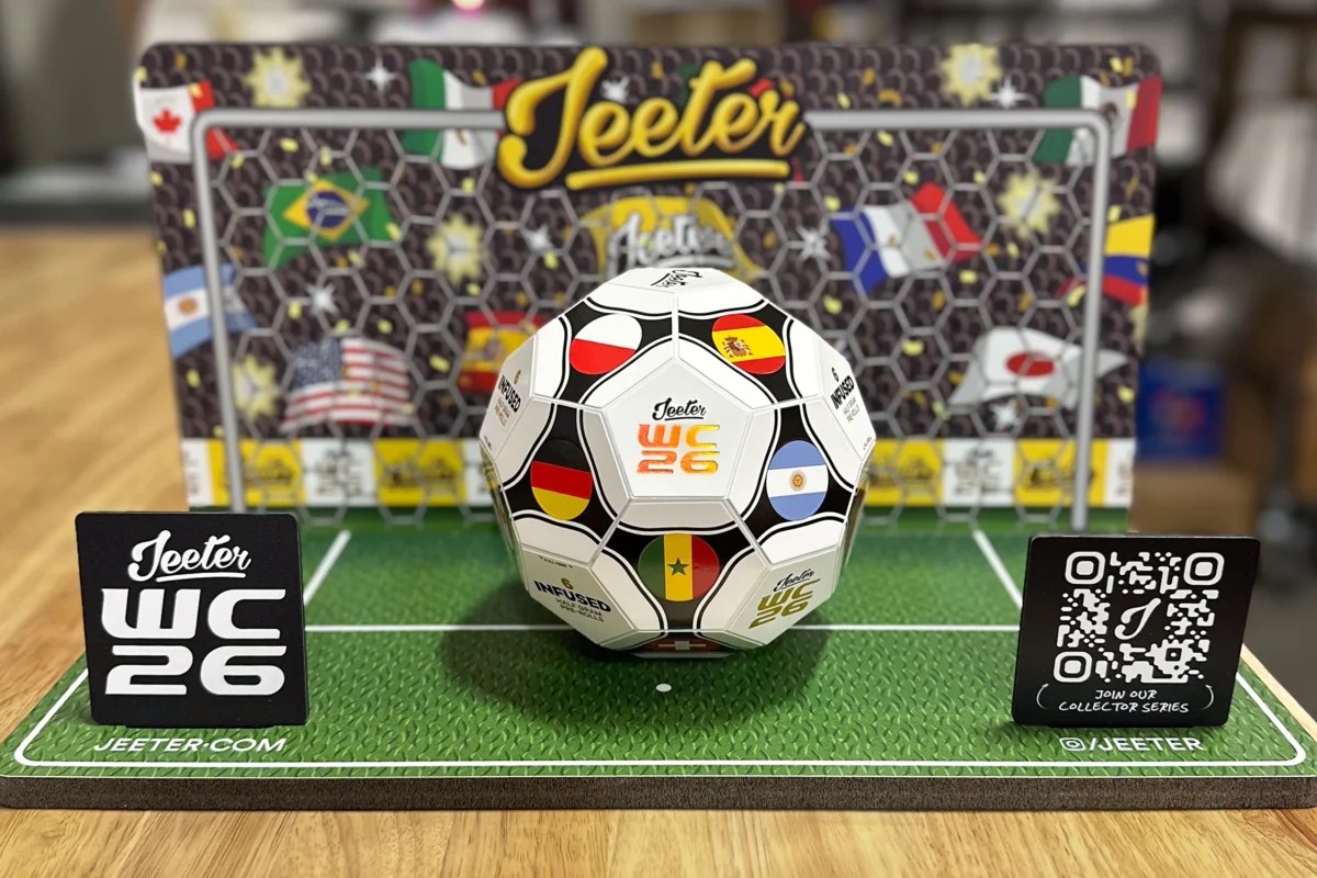Jeeter WC26 counter display with printed sintra substrate base, branded backdrop signage panel, die-cut logo sign, and QR code point-of-sale graphic