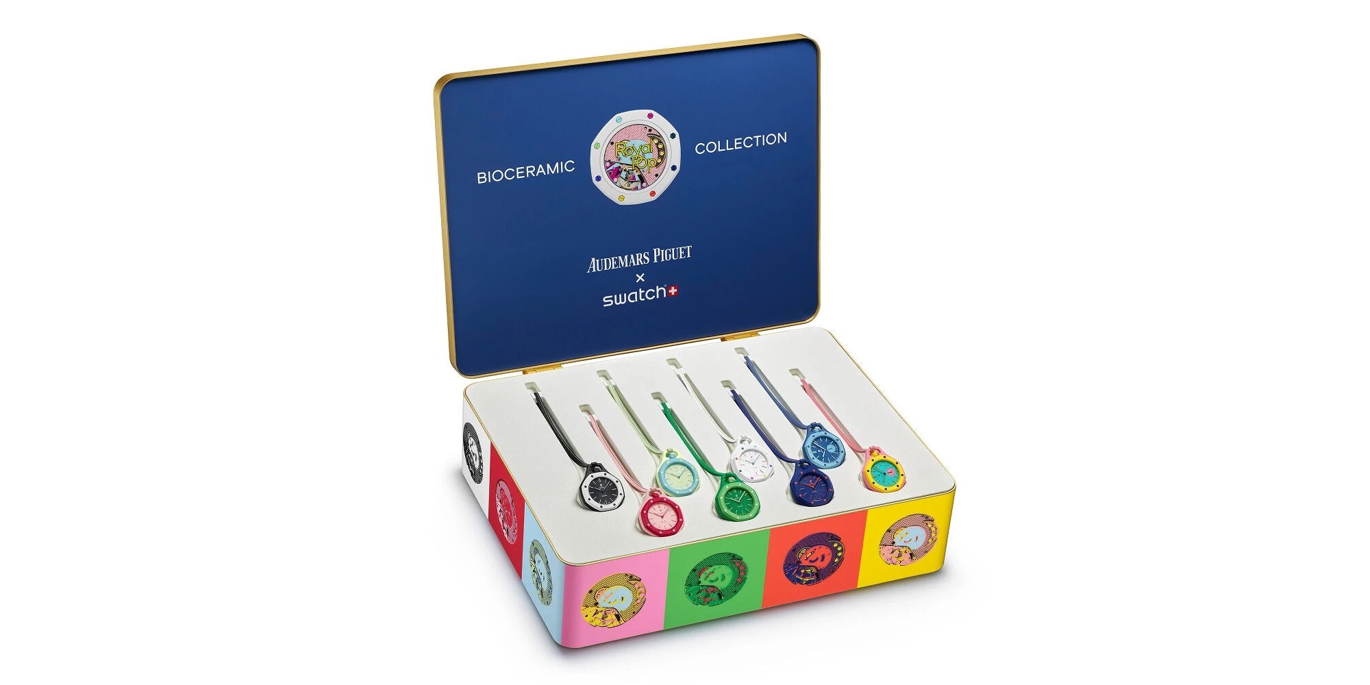 Audemars Piguet x Swatch Royal Pop Bioceramic Collection tin box with all eight colorway pocket watches on lanyards displayed inside
