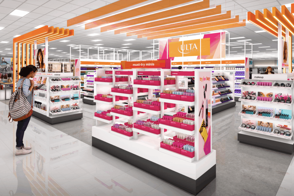 Ulta Beauty branded section inside a Target store featuring illuminated signage and organized product displays