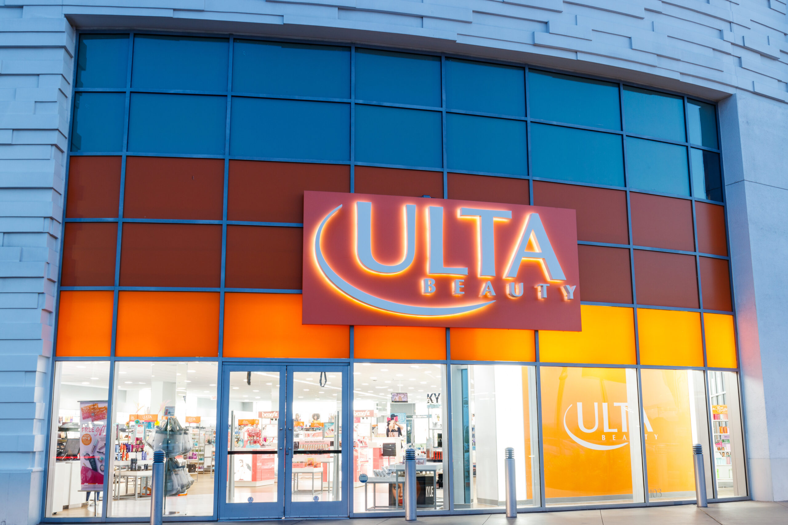 Ulta Beauty storefront with bold branded signage and large display windows showcasing beauty products