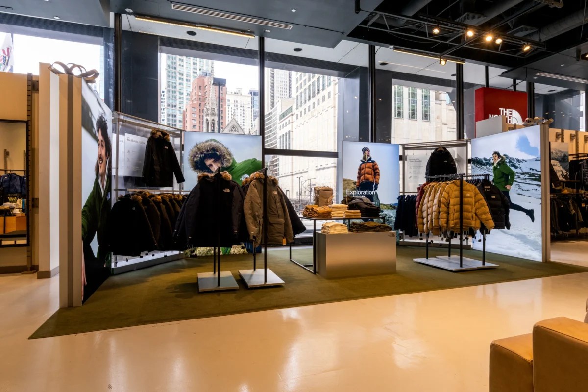 Visual merchandising for The North Face showcasing in-store signage, display graphics, and product presentation